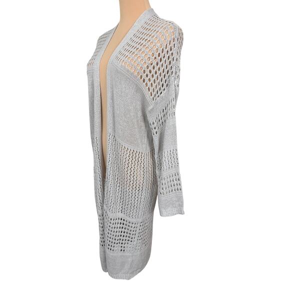 Women’s Large Light Gray Open Knit Longline Duster Cardigan Lightweight Boho - Picture 2 of 4
